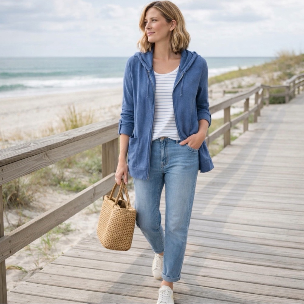 J. Jill Blue Zip-Up Hooded Jacket | Lightweight Casual Hoodie Layer | Size Large - Picture 4 of 6